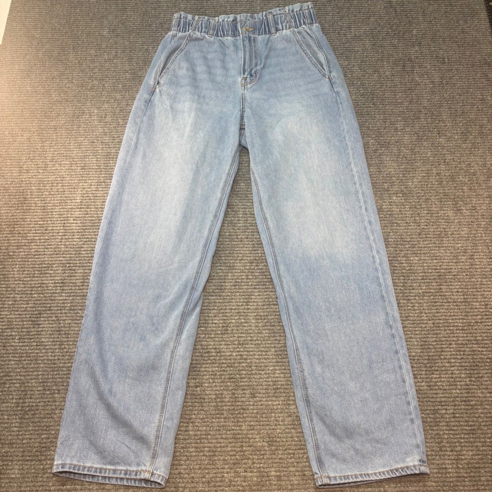 American Eagle Women 8 Light Wash Paperbag Waist Straight Leg Jeans Blue Denim